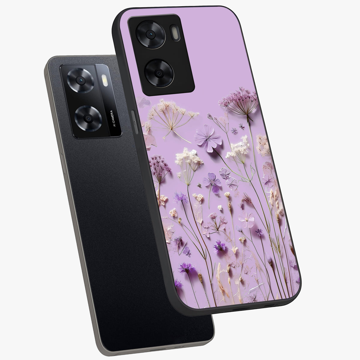 Lavender Blossom Dream Glass Case displayed in angled mockup highlighting dreamy lavender flower design with calming aesthetic style.