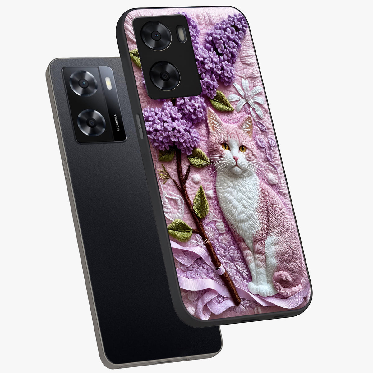 Lavender Cat Whimsy Glass Case displayed in angled mockup highlighting playful feline illustration with pastel lavender aesthetic.