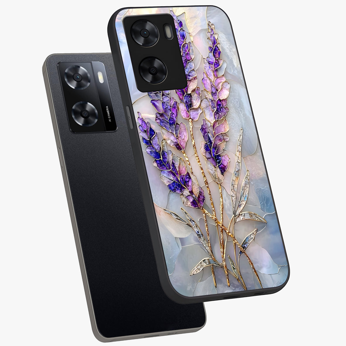 Lavender Dream Glow Glass Case displayed in angled mockup highlighting dreamy purple glow design with soft artistic style.