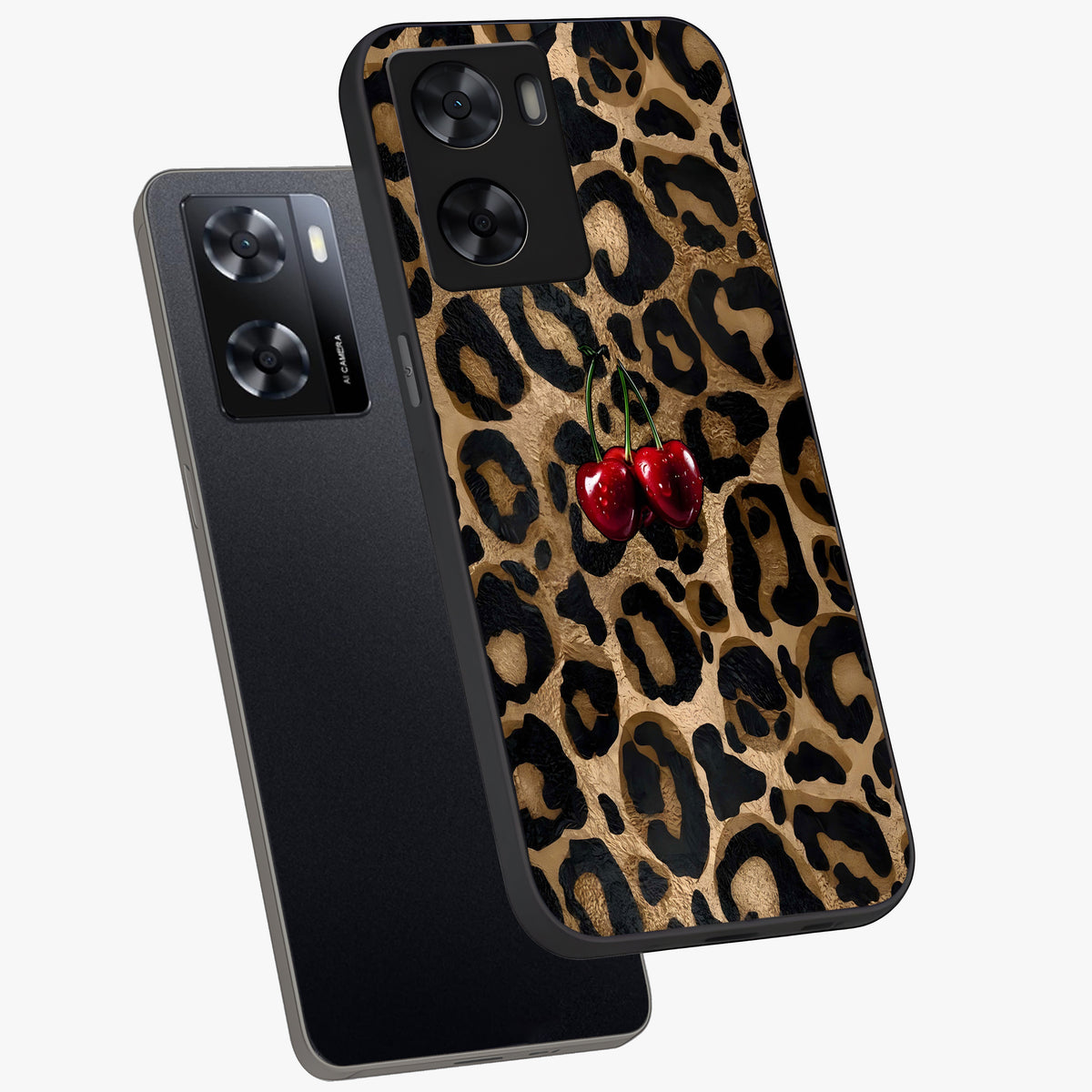 Leopard Wild Cherry Glass Case displayed in angled mockup highlighting bold animal print design with playful cherry aesthetic.