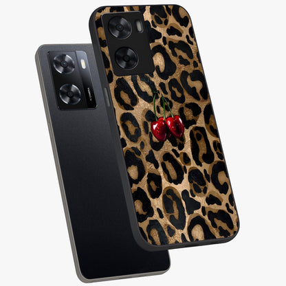 Leopard Wild Cherry Glass Case displayed in angled mockup highlighting bold animal print design with playful cherry aesthetic.