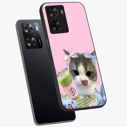 Love Matcha Cat Glass Case displayed in angled mockup highlighting playful feline illustration with cozy matcha aesthetic.