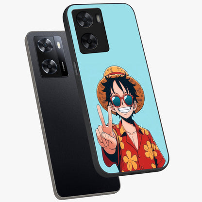 Luffy Summer Anime Vibe Glass Case displayed in angled mockup highlighting energetic anime illustration with summer vibe aesthetic.