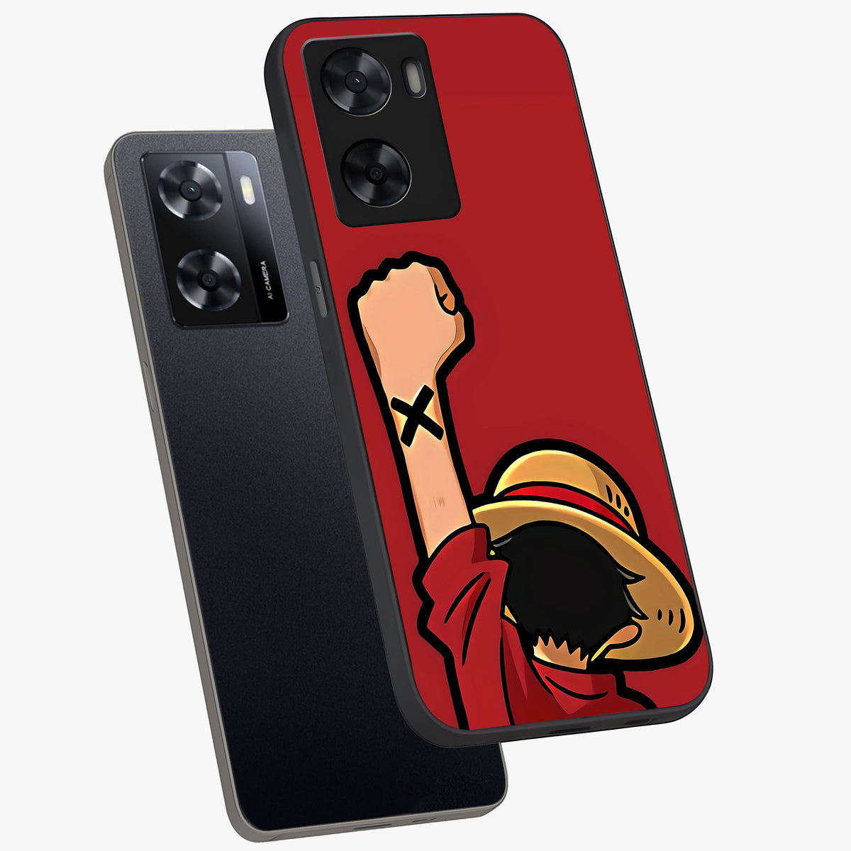 Luffy X Spirit Glass Case displayed in angled mockup highlighting powerful anime design with energetic action aesthetic.