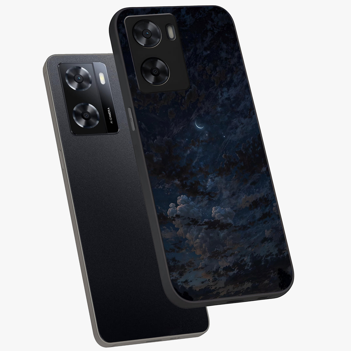 Lunar Veil Silence Glass Case displayed in angled mockup highlighting soft lunar design with peaceful celestial aesthetic.