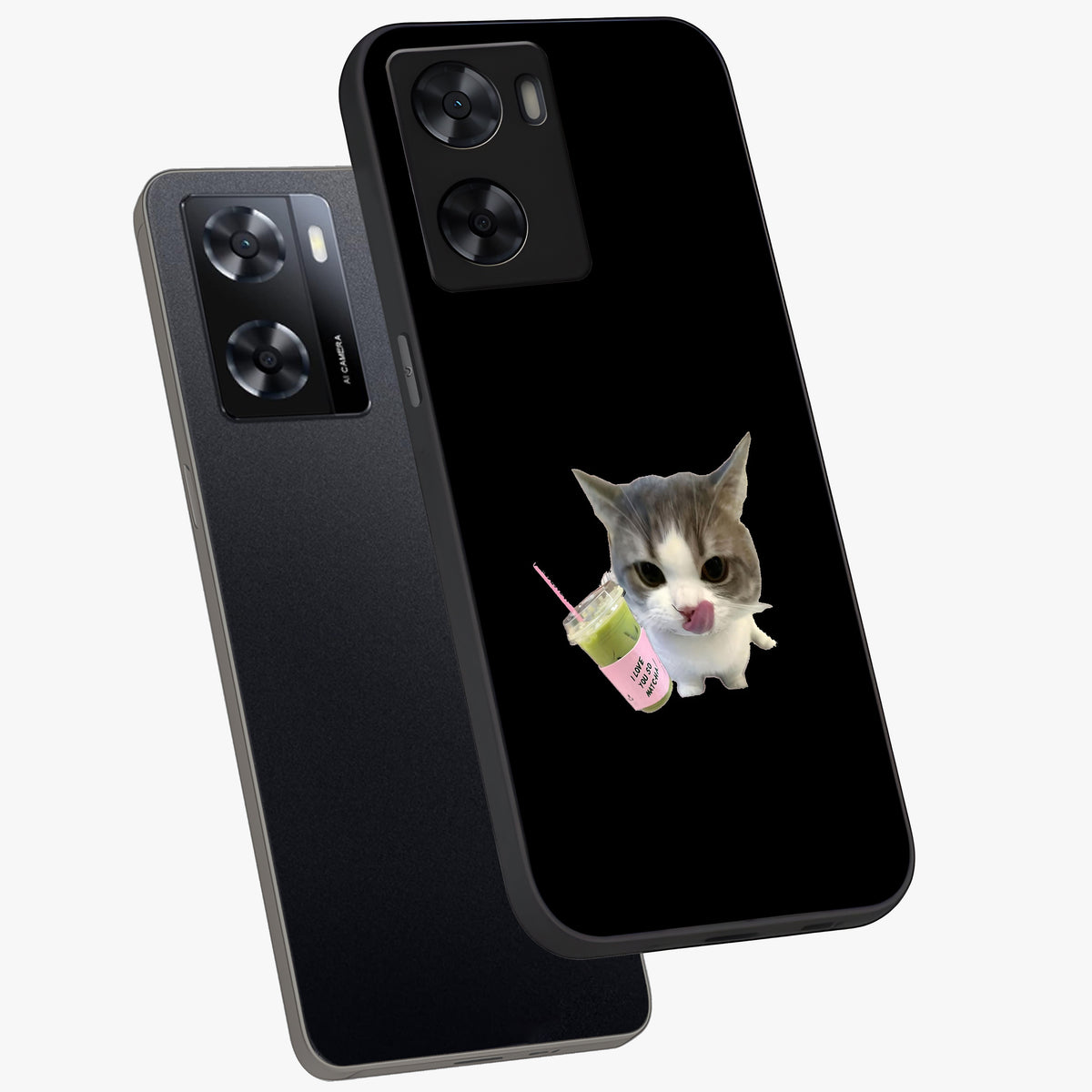 Matcha Cat Style Glass Case displayed in angled mockup highlighting playful feline design with pastel matcha aesthetic.