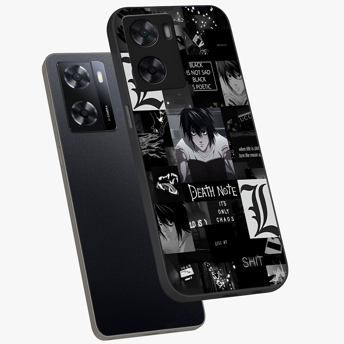 Midnight Chaos Mind Glass Case displayed in angled mockup highlighting chaotic artistic design with dramatic midnight aesthetic.