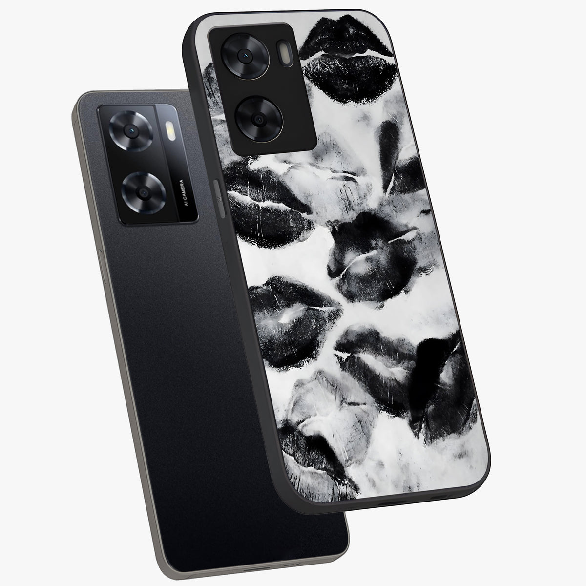 Midnight Kiss Marks Glass Case displayed in angled mockup highlighting playful romantic design with bold midnight aesthetic.