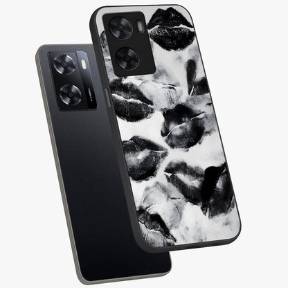 Midnight Kiss Marks Glass Case displayed in angled mockup highlighting playful romantic design with bold midnight aesthetic.