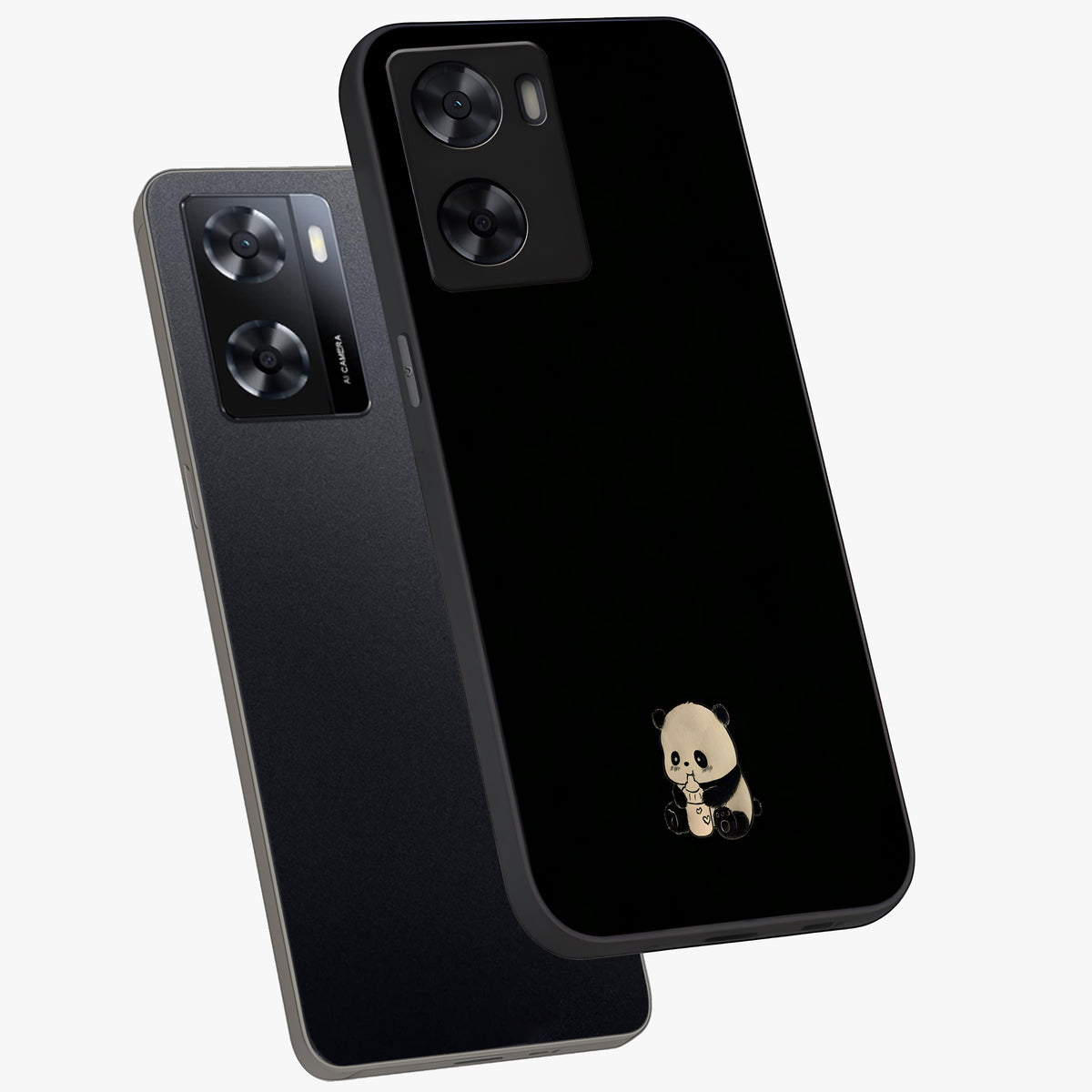 Midnight Panda Love Glass Case displayed in angled mockup highlighting adorable panda illustration with midnight aesthetic.