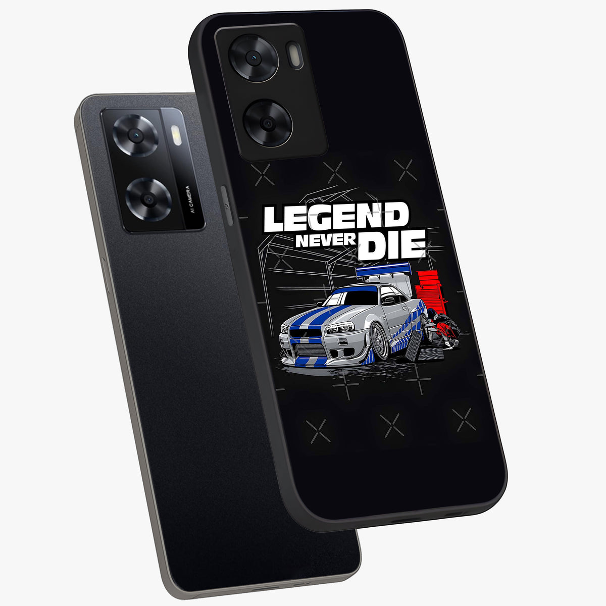 Midnight Racing Legacy Glass Case displayed in angled mockup highlighting dynamic automotive design with bold midnight aesthetic.