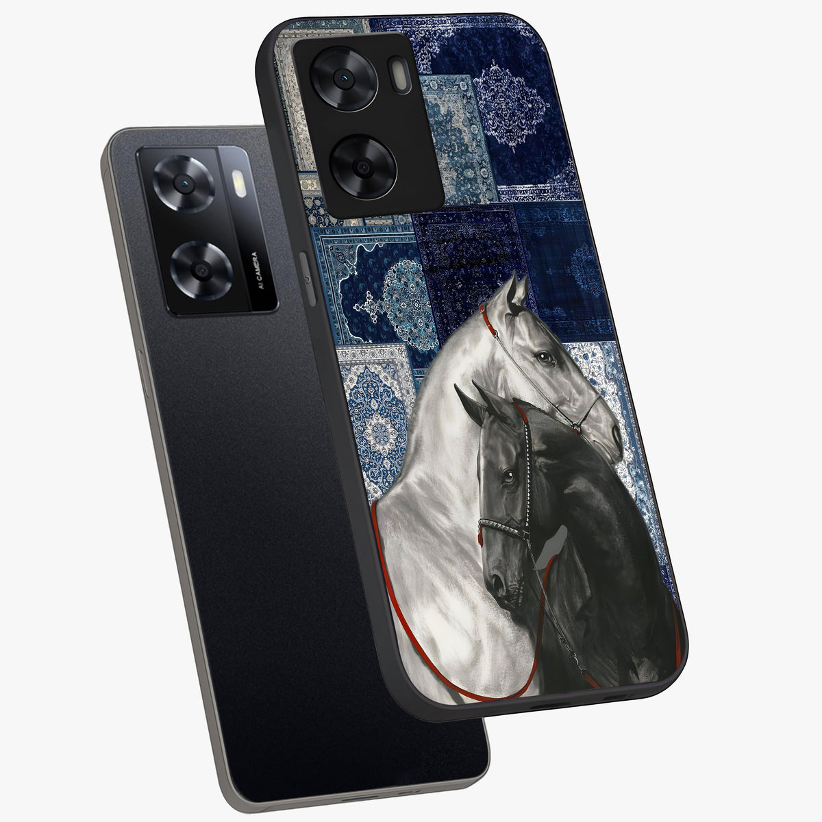 Midnight Stallion Blues Glass Case displayed in angled mockup highlighting powerful stallion illustration with deep midnight tones.