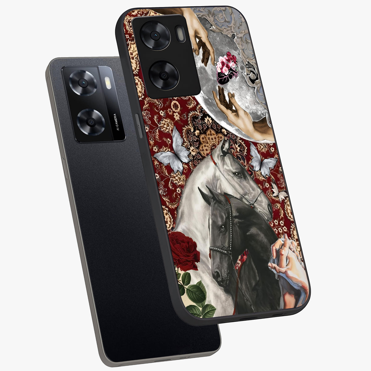 Moonlit Royal Stallion Glass Case displayed in angled mockup highlighting powerful stallion illustration with royal night aesthetic.