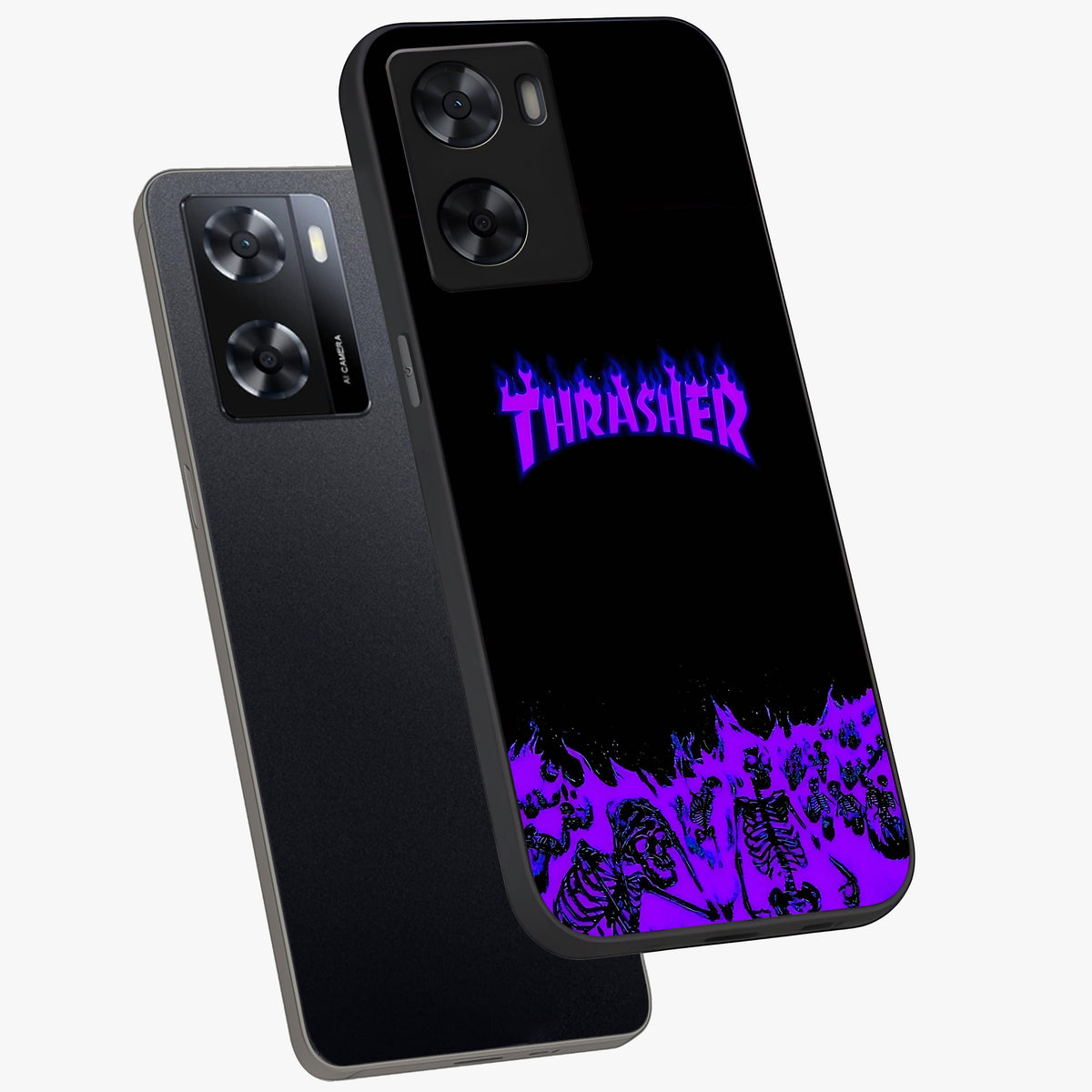 Neon Flame Riot Glass Case displayed in angled mockup highlighting glowing flame design with vibrant neon aesthetic.