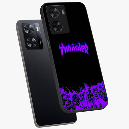 Neon Flame Riot Glass Case displayed in angled mockup highlighting glowing flame design with vibrant neon aesthetic.