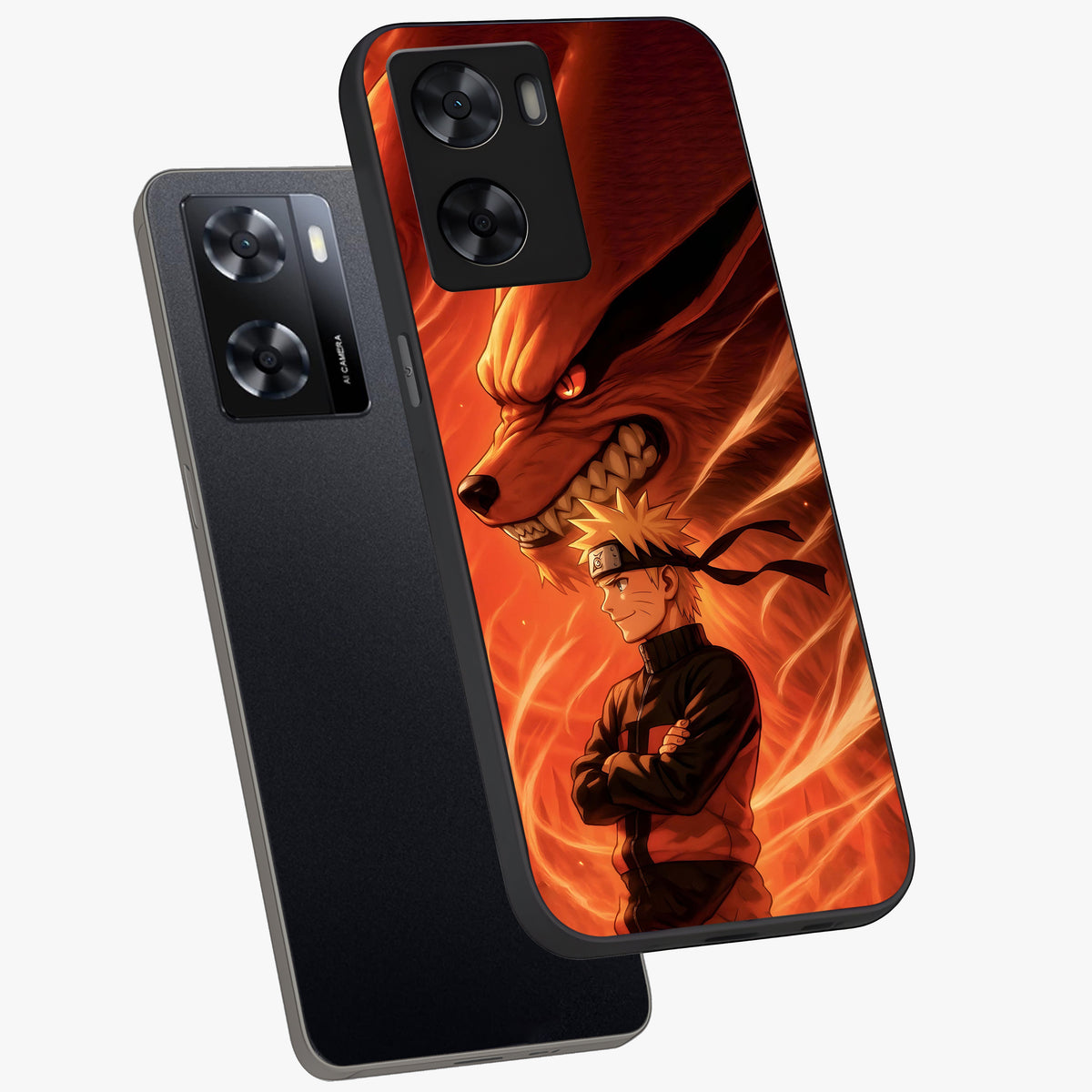 Nine Tails Legacy Glass Case displayed in angled mockup highlighting dynamic anime beast illustration with bold mystical aesthetic.