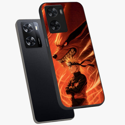 Nine Tails Legacy Glass Case displayed in angled mockup highlighting dynamic anime beast illustration with bold mystical aesthetic.