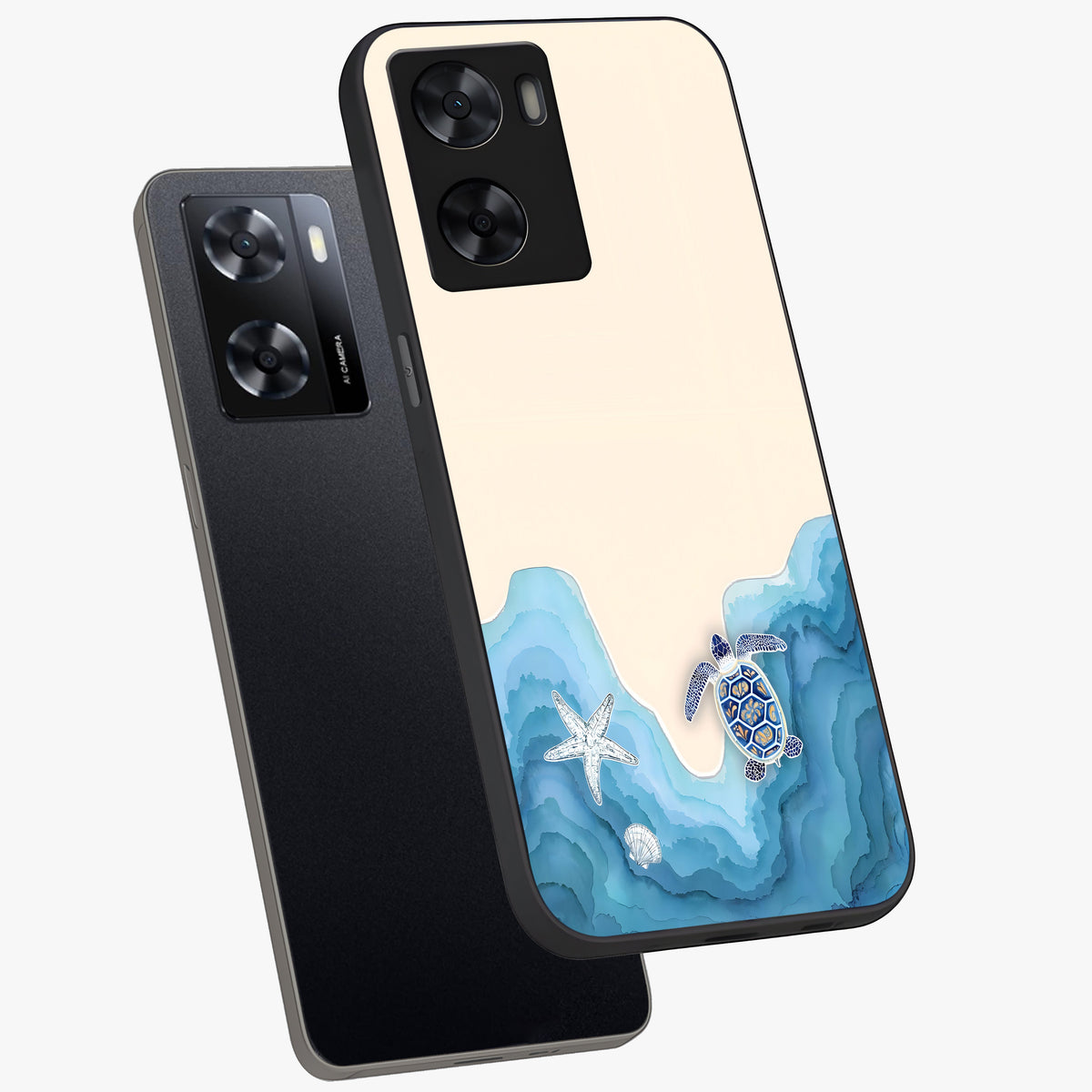 Ocean Drift Turtle Glass Case displayed in angled mockup highlighting peaceful ocean turtle illustration with marine aesthetic.