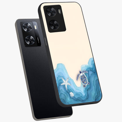 Ocean Drift Turtle Glass Case displayed in angled mockup highlighting peaceful ocean turtle illustration with marine aesthetic.