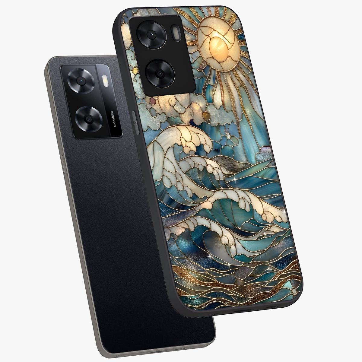 Oceanic Stained Printed Glass Case displayed in angled mockup highlighting colorful aquatic design with artistic aesthetic style.