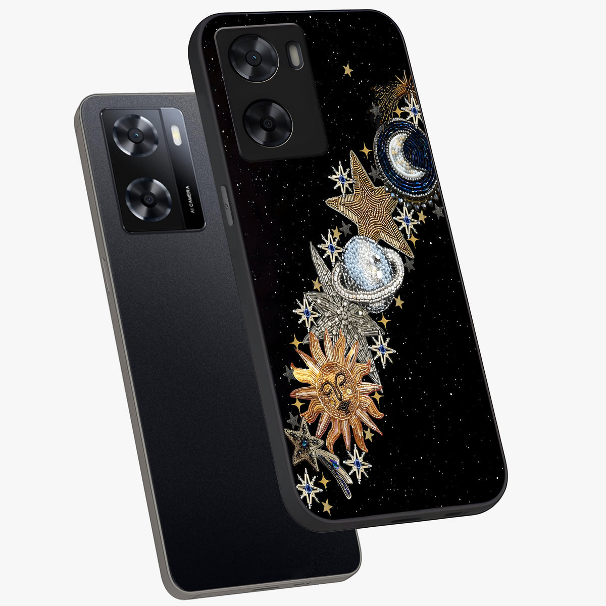 Pearls Universe Object Glass Case displayed in angled mockup highlighting celestial pearl design with dreamy aesthetic.