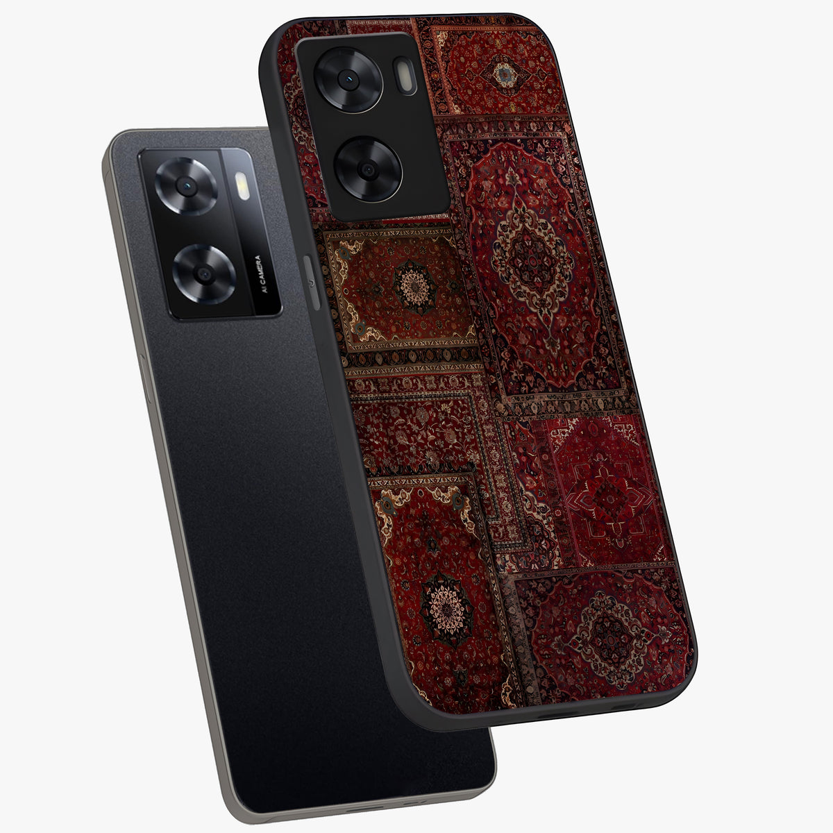 Persian Velvet Tale Glass Case displayed in angled mockup highlighting ornate textile inspired design with royal aesthetic.