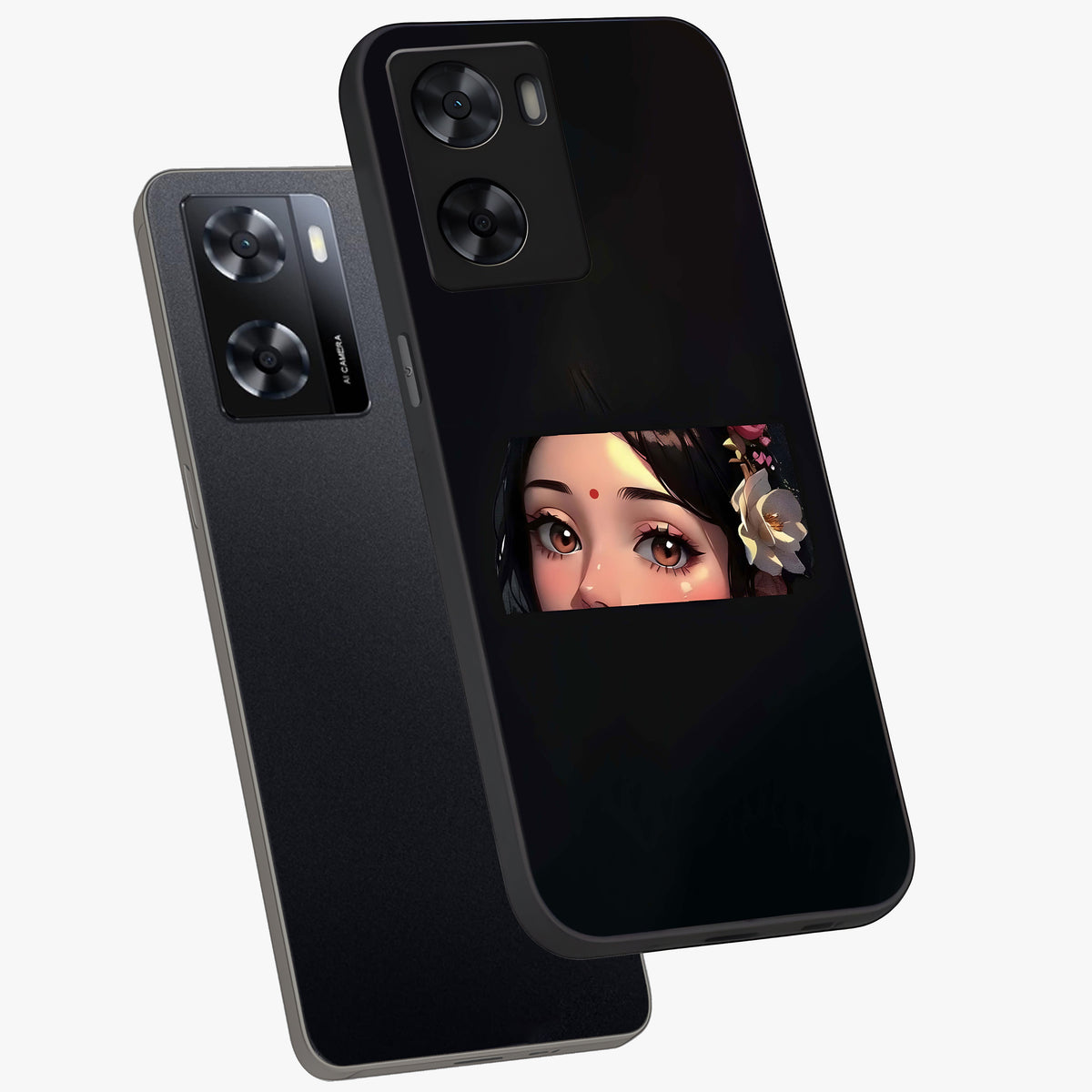 Radha Divine Embrace Glass Case displayed in angled mockup highlighting graceful spiritual illustration with divine aesthetic.