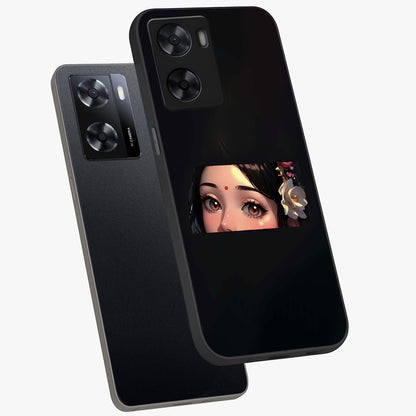 Radha Divine Embrace Glass Case displayed in angled mockup highlighting graceful spiritual illustration with divine aesthetic.