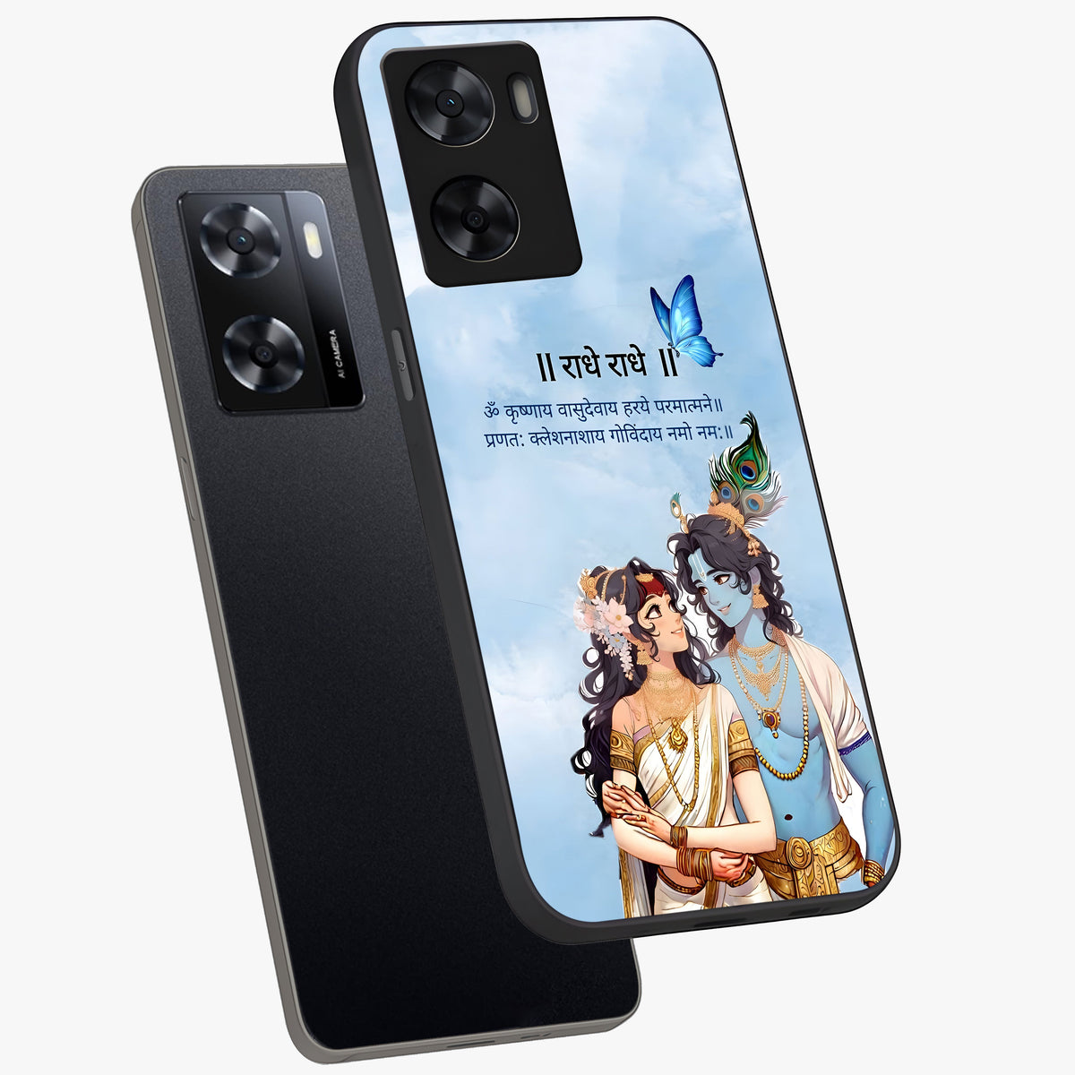 Radha Krishna Eternal Glass Case displayed in angled mockup highlighting divine Radha Krishna illustration with spiritual aesthetic.