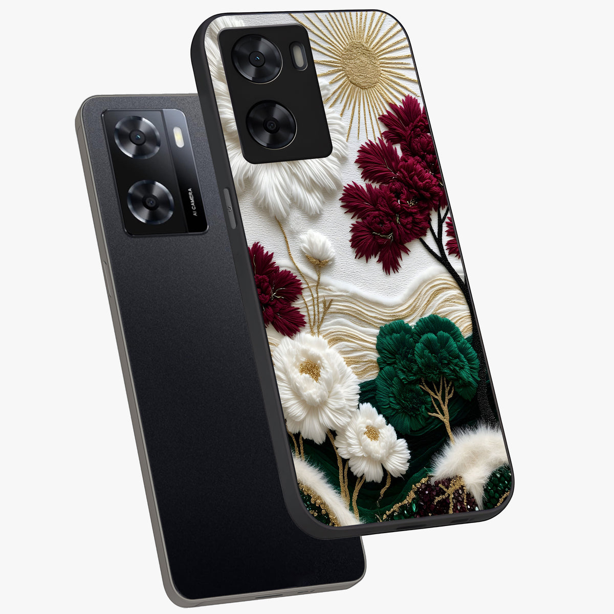 Radiant Bloom Elegance Glass Case displayed in angled mockup highlighting graceful floral design with radiant aesthetic style.