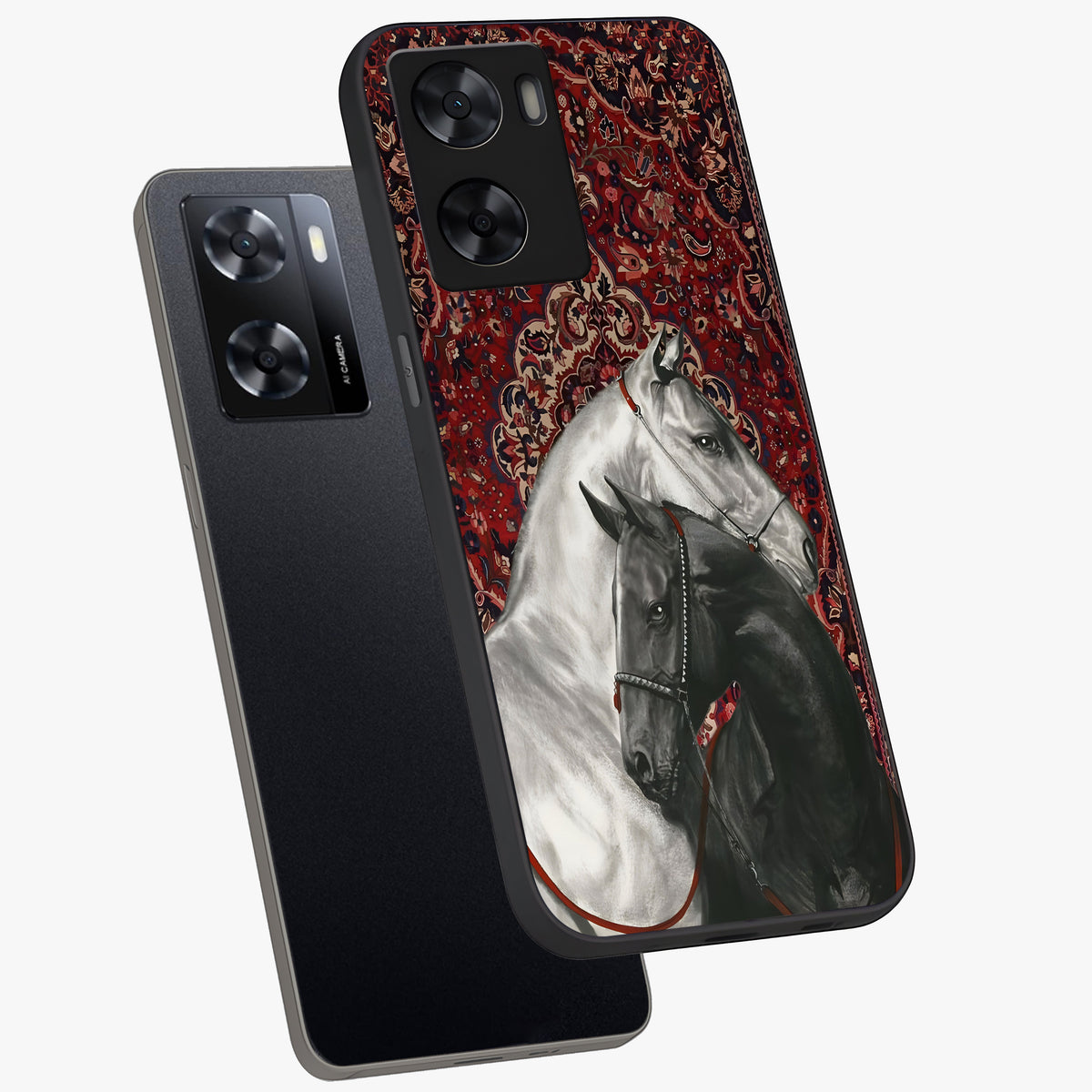Regal Stallion Tapestry Glass Case displayed in angled mockup highlighting royal stallion design with decorative heritage aesthetic.
