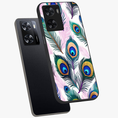Royal Peacock Feathers Glass Case displayed in angled mockup highlighting vibrant feather pattern with regal aesthetic style.