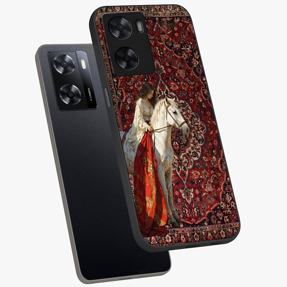 Royal Rider Tapestry Glass Case displayed in angled mockup highlighting traditional tapestry design with royal heritage aesthetic.