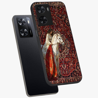 Royal Rider Tapestry Glass Case displayed in angled mockup highlighting traditional tapestry design with royal heritage aesthetic.
