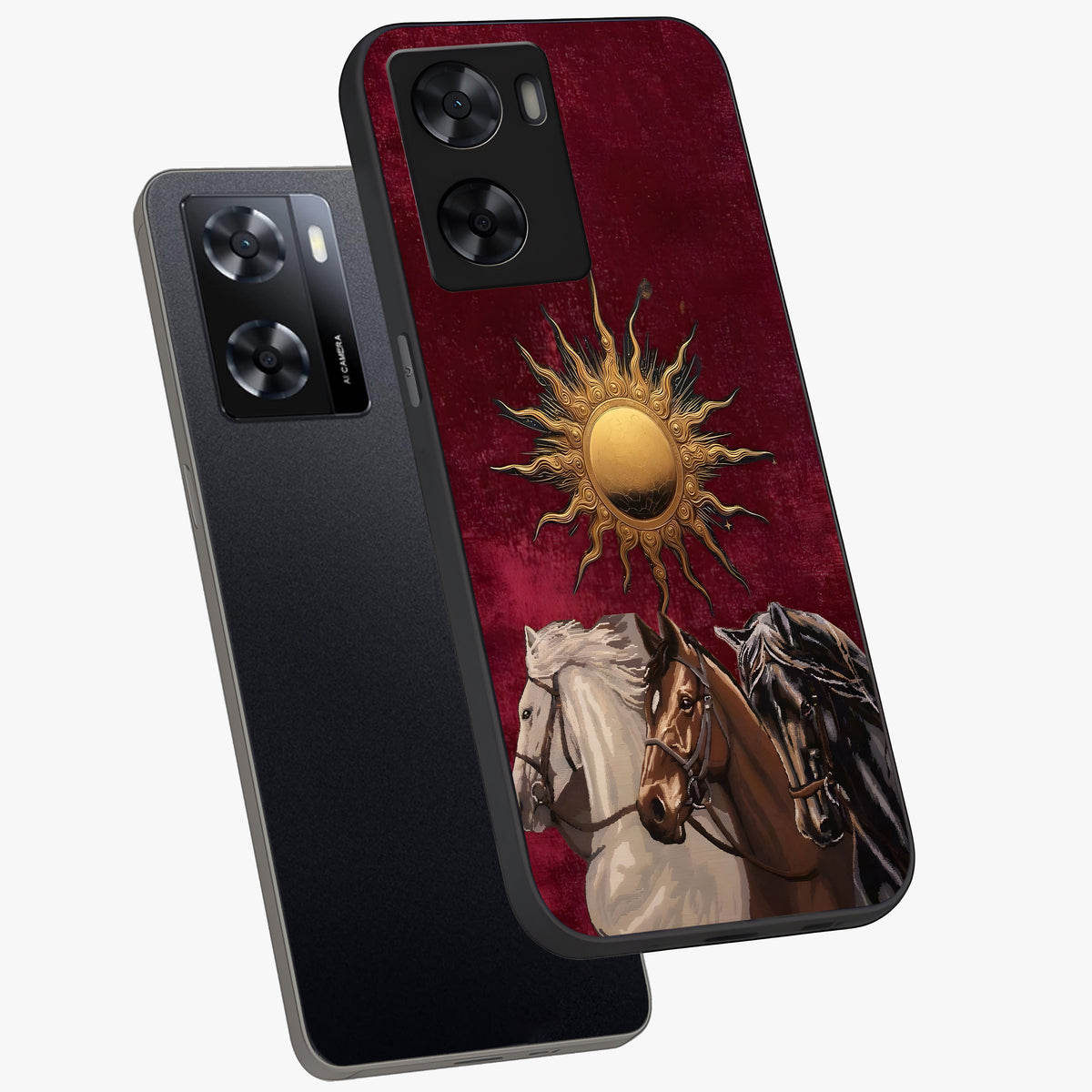 Solar Riders Glass Case displayed in angled mockup highlighting powerful rider illustration with radiant solar aesthetic.