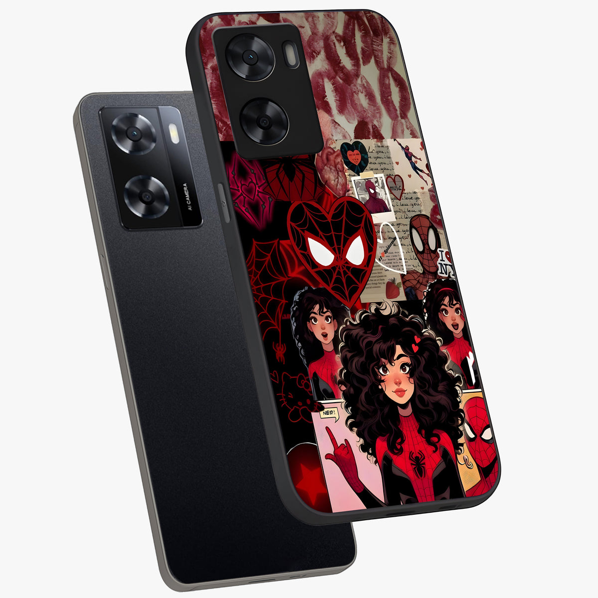 Spider Love Story Glass Case displayed in angled mockup highlighting expressive comic inspired design with playful aesthetic.