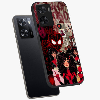 Spider Love Story Glass Case displayed in angled mockup highlighting expressive comic inspired design with playful aesthetic.