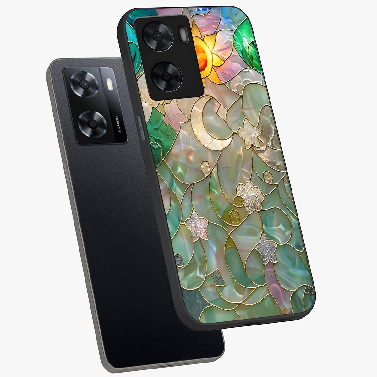 Stained Sunrise Glow Glass Case displayed in angled mockup highlighting radiant sunrise design with artistic aesthetic style.