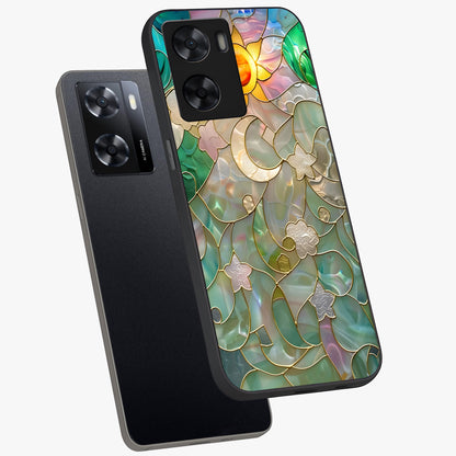 Stained Sunrise Glow Glass Case displayed in angled mockup highlighting radiant sunrise design with artistic aesthetic style.