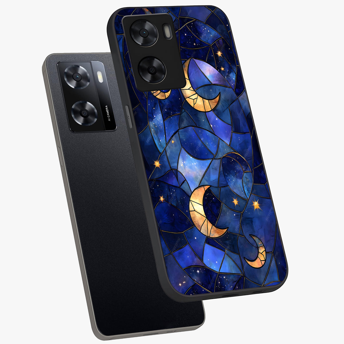 Starlit Sky Tapestry Glass Case displayed in angled mockup highlighting celestial night pattern with artistic aesthetic style.