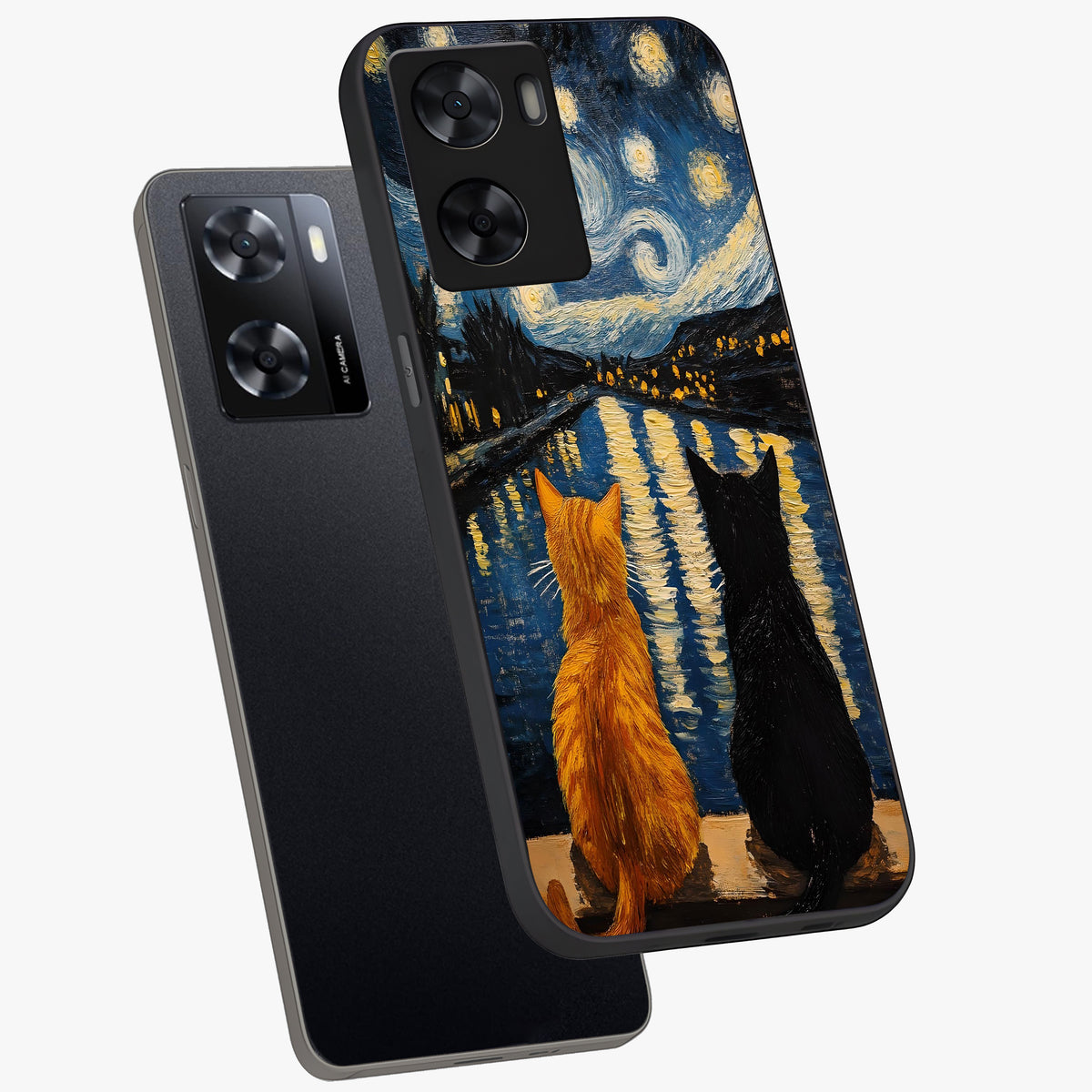 Starry River Cats Glass Case displayed in angled mockup highlighting charming feline illustration with dreamy night aesthetic.