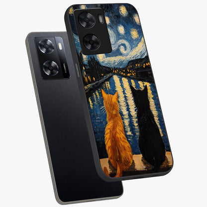 Starry River Cats Glass Case displayed in angled mockup highlighting charming feline illustration with dreamy night aesthetic.