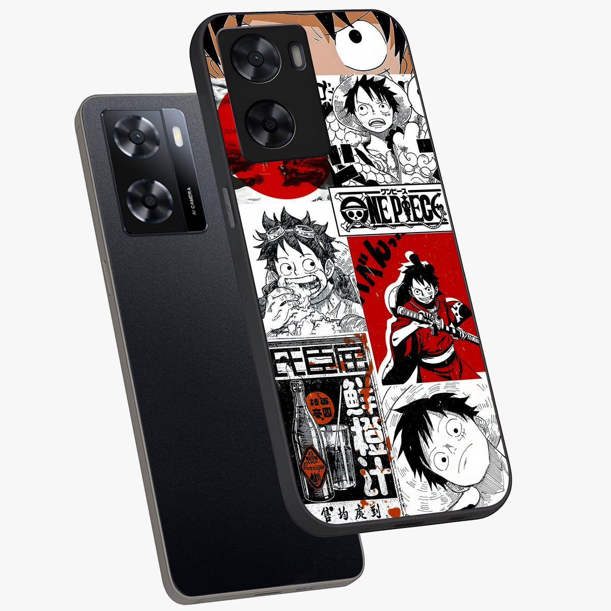 Strawhat Chaos Panels Glass Case displayed in angled mockup highlighting vibrant anime collage design with action aesthetic.
