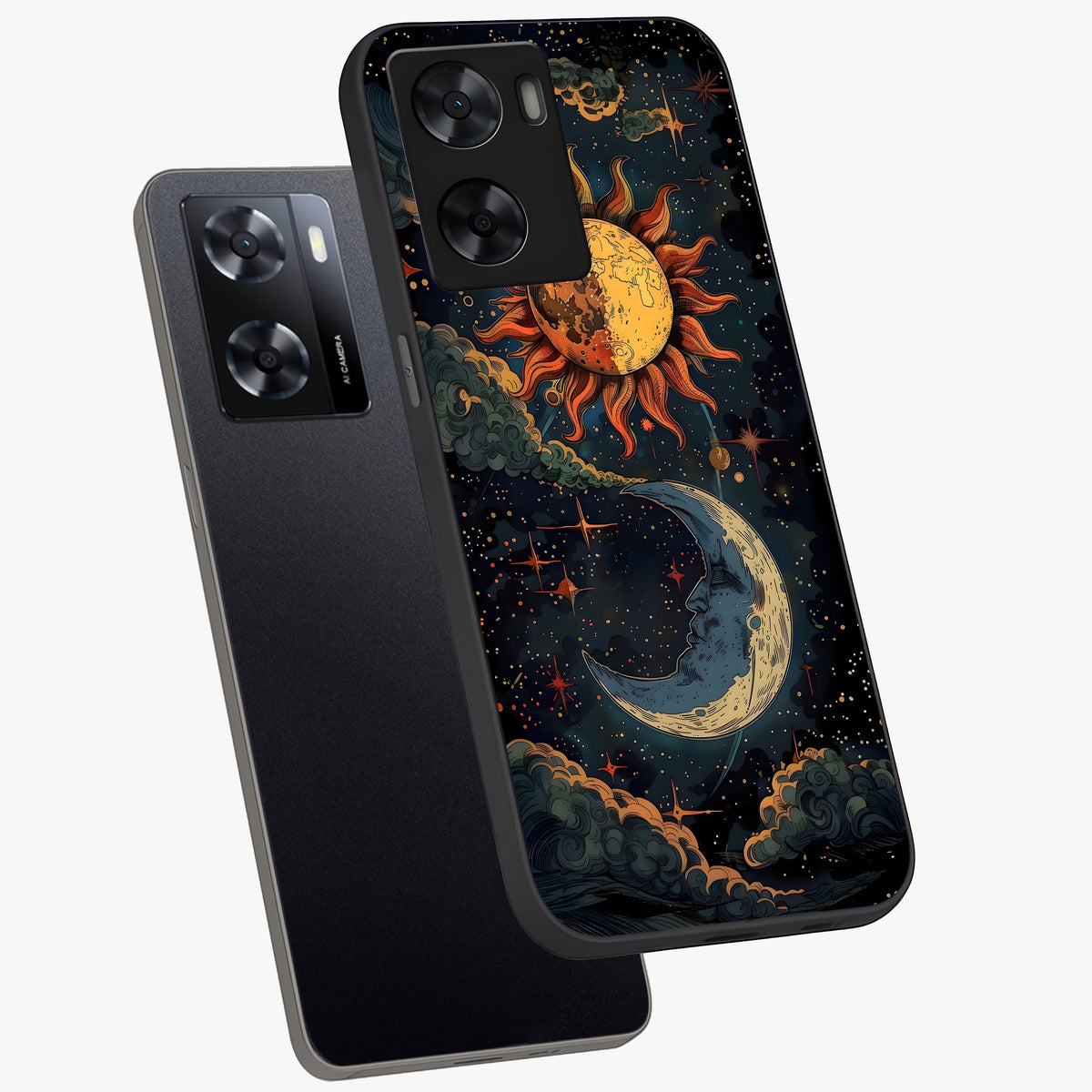 Sun And Moon Magic Design Glass Case displayed in angled mockup highlighting celestial design with magical cosmic aesthetic.