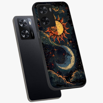 Sun And Moon Magic Design Glass Case displayed in angled mockup highlighting celestial design with magical cosmic aesthetic.