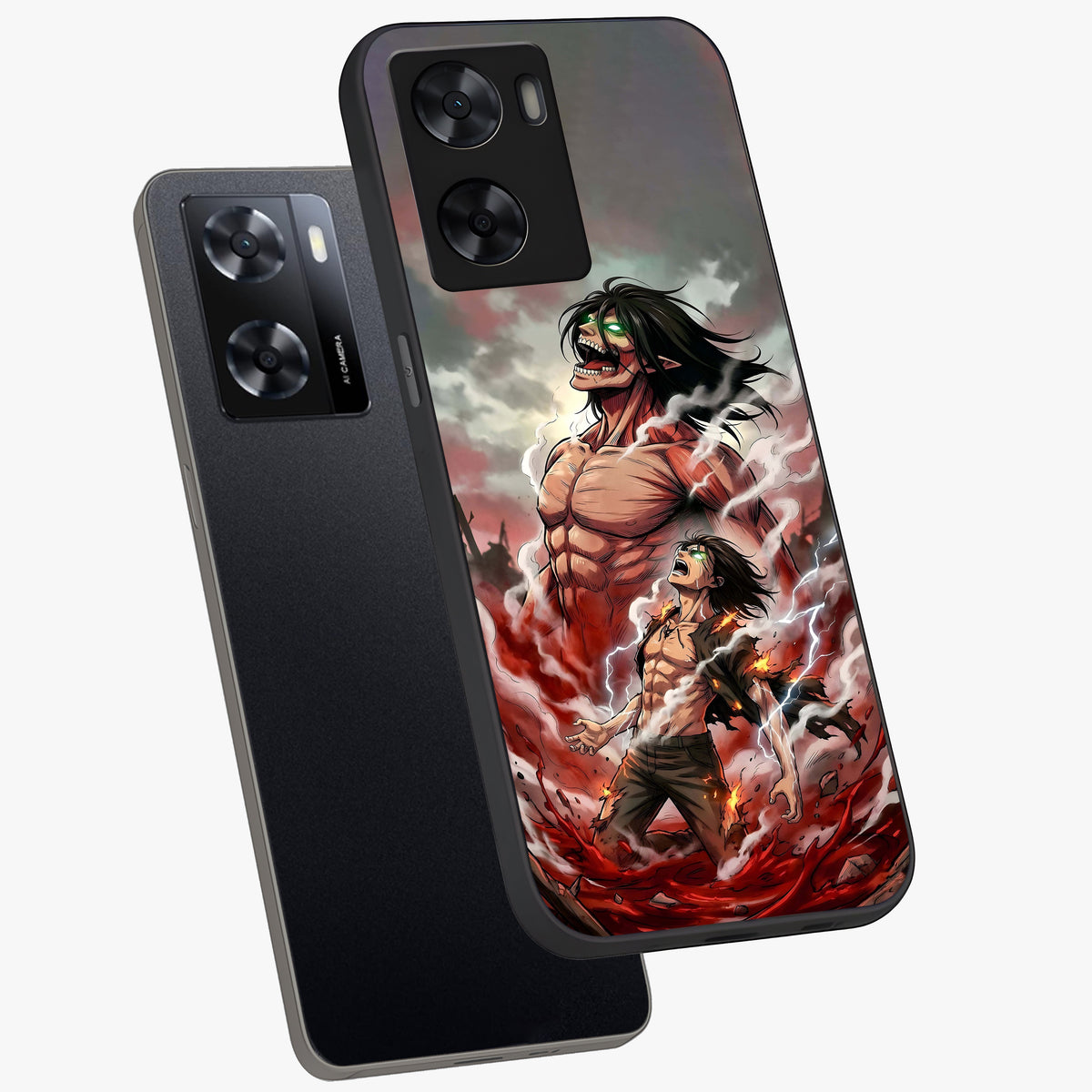 Titan Awakening Fury Glass Case displayed in angled mockup highlighting dramatic giant warrior design with bold anime aesthetic.