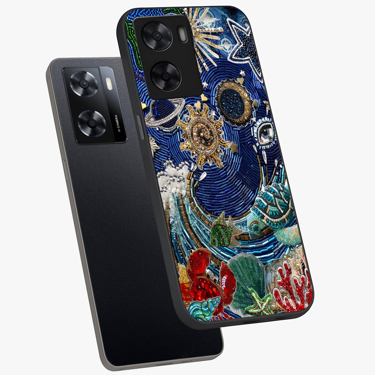 Universe Underwater Spark Glass Case displayed in angled mockup highlighting glowing aquatic design with celestial aesthetic.