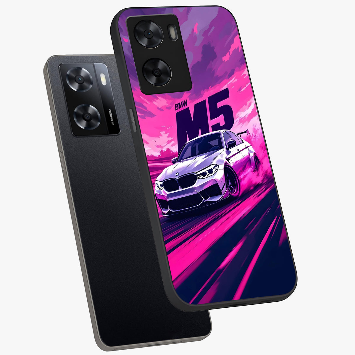 Velocity Drift Pulse Glass Case displayed in angled mockup highlighting dynamic drift design with sporty automotive aesthetic.