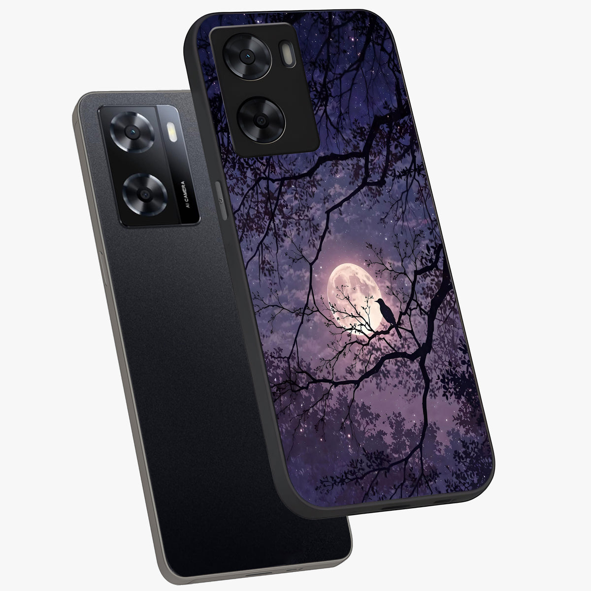 Whispering Moon Silence Glass Case displayed in angled mockup highlighting calm lunar design with dreamy night aesthetic.