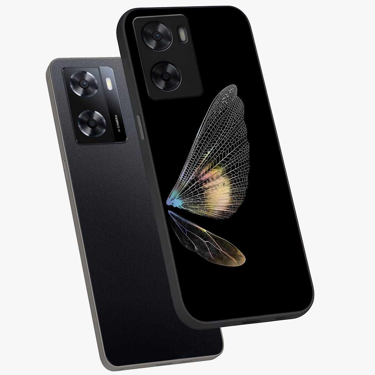 Whispers Of Wings Glass Case displayed in angled mockup highlighting soft feather design with celestial aesthetic style.